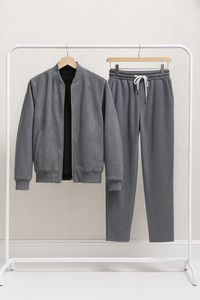 <b>Men's</b> Vintage PU <b>Leather</b> Windproof Bomber <b>Jacket</b> & Drawstring Jogger Pants Set with Front Logo-Smart Casual Spring Wear - Product Image 3