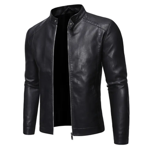High Quality Men's <b>Casual</b> Leather <b>Jacket</b> Stylish Fit Stand Collar Soft Genuine Leather Canvas Digital Printed Cow Skin - Product Image 2