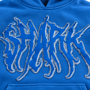 Sudadera con capucha unisex de forro polar azul grueso con pedrería, bordado gráfico gótico y borde sin rematar, al por mayor - Product Image 6
