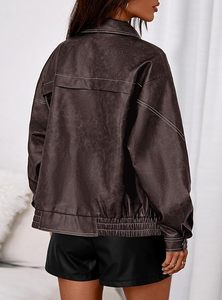 Women's Black PU Leather Bomber Jacket With <b>Zipper</b> Closure Turn Down Collar Full Sleeve Autumn Style - Product Image 6