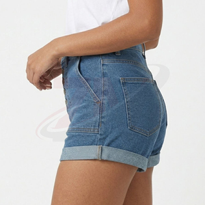 Short en jean taille haute pour femme, coupe droite, bleu délavé, décontracté, été, ourlet retroussé, boutonnage frontal, coupe classique - Product Image 3