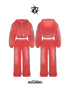 Red Drip Rhinestone <b>Zip</b> <b>Up</b> Cropped Hoodie & Pants Set | Oversized Streetwear Tracksuit | OEM Private Label Manufacturer - Product Image 1