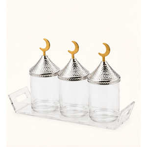 Ensemble de 3 pots en verre de luxe avec couvercles en forme de croissant de lune dorés et plateau en acrylique, élégant pour le Ramadan et l'Aïd, vente en gros, style arabe, bonbons - Product Image 1