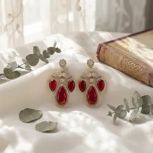 Pendientes colgantes clásicos chapados en oro con forma de gota de agua de circonita roja para mujer, joyería de boda - Product Image 6