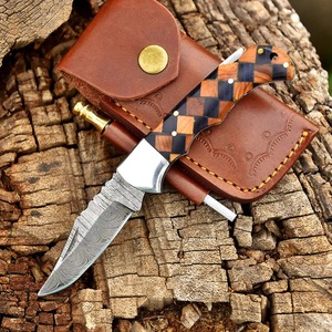 Couteau pliant en acier Damas Viking Art FH-10, manche en bois et résine, fait main, pointe tombante, 8,5 pouces, étui en cuir, DIY OEM, extérieur, EDC - Product Image 1