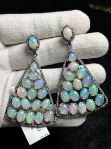 Ethiopian Opal Diamond Earring Pave Diamond Earrings 925 Sterling Silver Handmade <b>Oxidized</b> Dongle Diamond Earring Gift For Her - Product Image 1