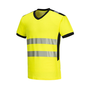 Chemise de sécurité unisexe jaune fluo à manches courtes et col en V, bandes réfléchissantes, logo personnalisé imprimé, vêtements de travail en polyester fluorescent - Product Image 3