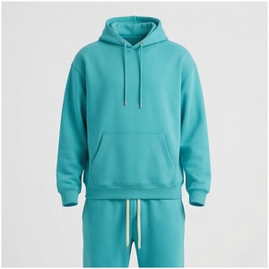 Ensemble de survêtement unisexe à capuche turquoise, manches longues, couleur unie, décontracté, respirant, coupe régulière, pour l'automne - Product Image 1