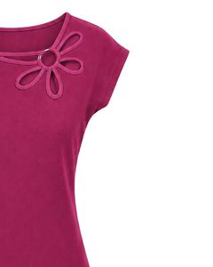 Blusa Casual de Verano para Mujer, Color Magenta, Diseño Elegante con Cuello de Flores, Manga Corta, Corte Holgado, para Uso Diario - Product Image 4