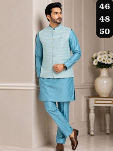 <b>Men's</b> Pink Silk <b>Kurta</b> Pajama Set With Nehru Jacket Traditional Ethnic Wear For Wedding Regular Fit Ankle Length All Seasons - Product Image 3