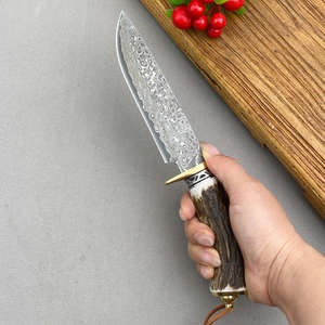 Couteau à lame fixe en acier Damas, manche en bois, étui en cuir, personnalisable OEM, qualité industrielle, survie en plein air, camping, chasse - Product Image 4