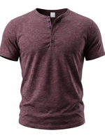 Men's Short Sleeve Henley Jersey T-Shirt 100% Cotton Solid Color Knitted Casual Top Regular Fit Button-Up High Quality 180 Grams