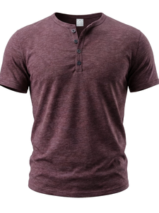 Men's Short Sleeve Henley T-Shirt Solid Color Knitted Cotton Casual Top Regular Fit Low-Neck Button-<b>Up</b> 180g Made Bangladesh - Product Image 2