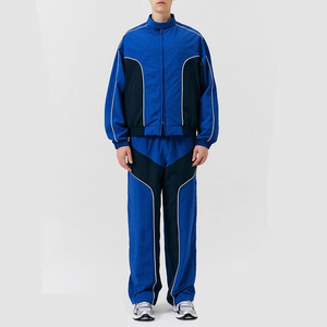 Ensemble de survêtement pour homme, couleur bleue, style sportif, col montant, en polyester tricoté, pour l'automne - Product Image 1