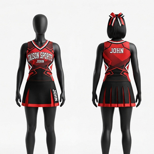 Men Cheerleading Uniform Premium 100% Polyester 240 GSM Red <b>Black</b> Panel Design Custom Sublimation Logo Team <b>Skirt</b> Set - Product Image 1