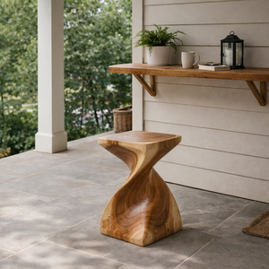 Tabouret industriel en bois de Suar massif, design torsadé sculptural, qualité supérieure, fait main, finition naturelle, luxe, chambre à coucher, hôpital - Product Image 6