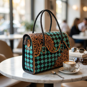 Vintage Genuine <b>Leather</b> Tote Bag With Floral <b>Tooled</b> Paneled Designer Black Teal Checkered Pattern Hasp Closure Women's Daily Use - Product Image 5