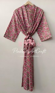 Hand Block Print Pink Floral Cotton Kimono Robe Artisanal Summer Bathrobe <b>Lightweight</b> Maternity <b>Dressing</b> <b>Gown</b> Long Nightwear - Product Image 3