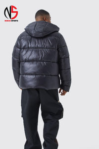 Veste matelassée à capuche personnalisée de haute qualité, taille plus, effet brillant, noire, coupe-vent, chaude, pour l'hiver, avec poches, pour hommes - Product Image 2