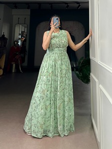 MarbalFloral Print Floor-Length Gown For Women Elegant Spring Wedding Dress Loose Fit Rayon Material India - Product Image 1