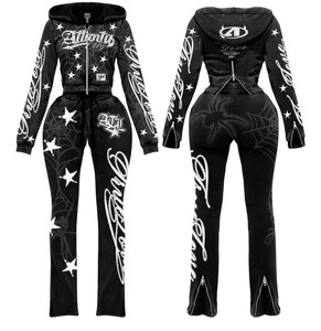 Custom <b>Men</b> <b>Pullover</b> Tracksuit Black Spider Web Printing Hooded Sweatshirt Flare Sweatpants Streetwear Casual 100% Cotton Set - Product Image 1