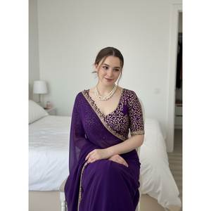 Vestidos de Noche, Hermoso Sari con Bordado y Ribete de Encaje - Product Image 2