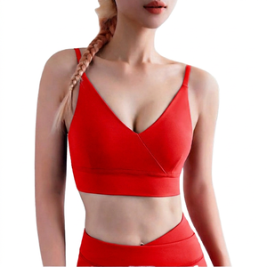 Soutien-gorge de sport sans couture à bretelles et décolleté en V profond pour femme, maintien moyen, couleur unie violet - Product Image 6