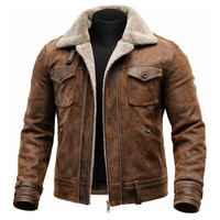 Herren Braune Leder-Aviatorjacke mit Lammfellkragen Reißverschluss Übergröße Winter Biker-Stil