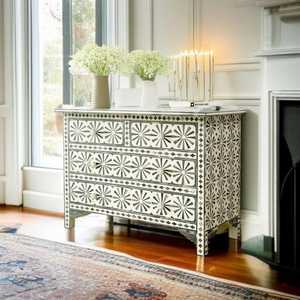 Coffre en bois fait main avec tiroirs en os incrustés, meuble de rangement pour la maison et l'hôtel, importé d'Inde - Product Image 5