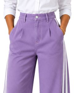 Jean en denim violet lavande pour femme, taille haute, coupe large, avec bande latérale blanche, coupe ample, en coton, pantalon décontracté et tendance - Product Image 3