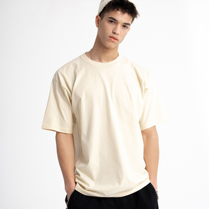 Men's Oversized <b>Cream</b> Cotton Short Sleeve O-Neck Casual <b>T</b>-<b>Shirt</b> Solid Color Jersey Knitted Regular Fit - Product Image 6