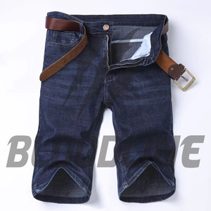 Men's Dark Blue Denim Bermuda Shorts Mid Waist Zipper Fly Casual Style With Pockets Woven Cotton <b>Fabric</b> - Product Image 1