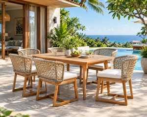 Ensemble de table à manger d'extérieur en teck massif avec 6 chaises en corde tressée, mobilier de patio de luxe pour villa, hôtel, complexe hôtelier - Product Image 1