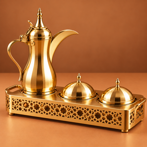 Golden Arabic Dallah <b>Coffee</b> <b>Set</b> with Decorative Stand MiddleEast Style Metal Tea Maker Durable Design - Product Image 3