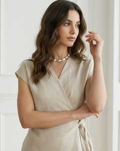 Conjunto de Dos Piezas para Mujer, Color Beige, Lino, Estilo Vintage, Lavado, Top Corto sin Mangas Cruzado y Pantalones Anchos, Conjunto Casual de Verano - Product Image 1