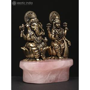 รูปปั้น lakshmi และพระพิฆเนศทองเหลืองทำด้วยมือขนาด4นิ้วฐานพลอยโรสควอตซ์ประติมากรรมคุณภาพดี - Product Image 4