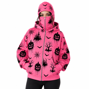 Sudadera con capucha rosa personalizada de Halloween con cremallera completa y estampado integral de calabazas, murciélagos, telarañas y castillos embrujados, sudadera extragrande para mujer - Product Image 1