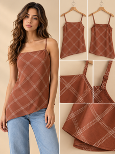 Asymmetric Plaid <b>Spaghetti</b> <b>Strap</b> <b>Top</b> Women Casual Woven Sleeveless Relaxed Fit All Seasons Brown Patterned Cami <b>Tank</b> <b>Top</b> - Product Image 1