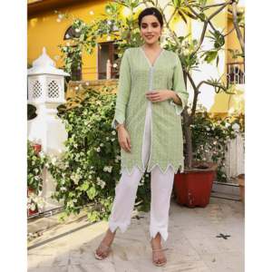 Conjunto de Kurta de Chifón Chikankari Transpirable Verde Talla XS para Mujer - Product Image 3