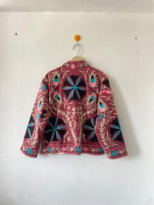 Premium Pink <b>Velvet</b> Suzani Embroidered <b>Jacket</b> with Floral Pattern Stand Collar Full Sleeves Boho Chic <b>Women's</b> Winter Coat - Product Image 5
