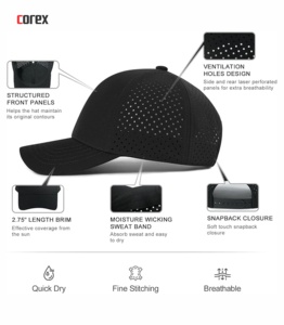 Casquette de baseball noire découpée au laser à 6 panneaux, 100 % polyester, maille respirante, broderie 3D, ajustement par bouton, unisexe, voyage, extérieur, printemps - Product Image 4