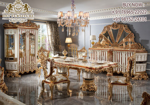 Meubles de salle à manger sculptés à la main en or antique, ensemble de table à manger royale de 9 pièces, finition dorée luxueuse, ensemble de salle à manger UK - Product Image 2