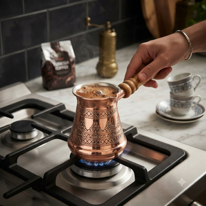 Cafetera turca de cobre grabada con motivos geométricos, Cezve, Ibrik árabe, Briki griega, calentador de leche para estufa con mango de madera con acabado ligero - Product Image 3