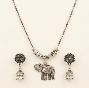 DIVYORO OXIDIZED SILVER <b>ELEPHANT</b> PENDANT CHAIN SET - Product Image 1