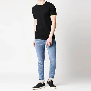 T-shirt pour homme en coton 100% noir à col rond avec bordure contrastée jaune, respirant, manches courtes, tricoté, décontracté, taille M - Product Image 3