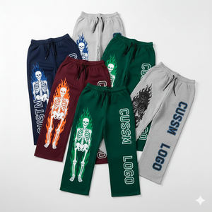 Pantalones Deportivos Personalizados para Hombre con Estampado de Llamas y Esqueleto, Cintura Elástica con Cordón, Casuales, 100% Algodón, Peso Medio, para Otoño - Product Image 1