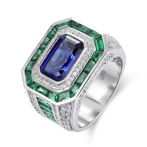 Luxury 925 Silver Cocktail <b>Ring</b> With Sapphire Emerald Cut <b>Green</b> Gemstones Pave Setting Geometric Design Unisex Fine Jewelry - Product Image 1