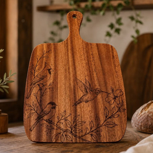 Superbe planche à découper en bois avec poignée, ornée de motifs délicats gravés au laser représentant des oiseaux et des fleurs, idéale pour couper les légumes. - Product Image 4