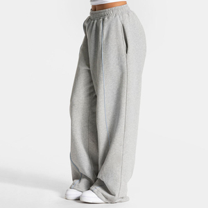Pantalones Deportivos Casuales de Pierna Ancha para Mujer, Cintura Elástica, Color Gris Sólido, Felpa, Corte Holgado, Largos, con Franja Lateral, para Otoño - Product Image 1