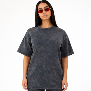 Fabrication OEM sur mesure, T-shirts unisexes en coton French Terry délavé à l'acide, 220g, grammage lourd, respirants, avec applications perforées - Product Image 5